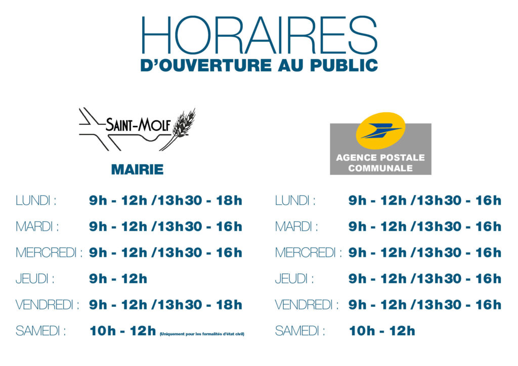 Horaires d'ouverture au public de la mairie et de l'agence postale hors période de vacances scolaire