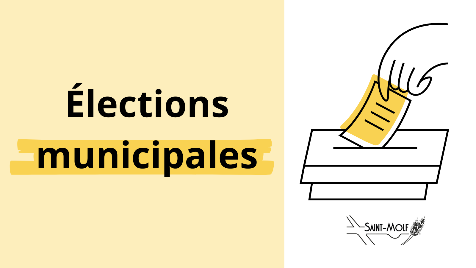 vignette "élections municipales" avec illustration d'urne et bulletin de vote + logo de la commune de Saint-Molf