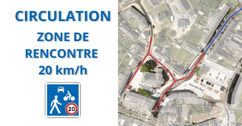 Vignette zone de rencontre 20 km/h avec image du plan et illustration du panneau de route représentant une voiture, un vélo et un piéton