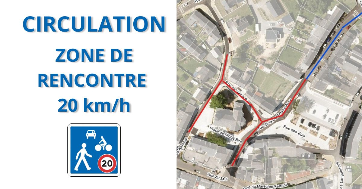 Vignette zone de rencontre 20 km/h avec image du plan et illustration du panneau de route représentant une voiture, un vélo et un piéton