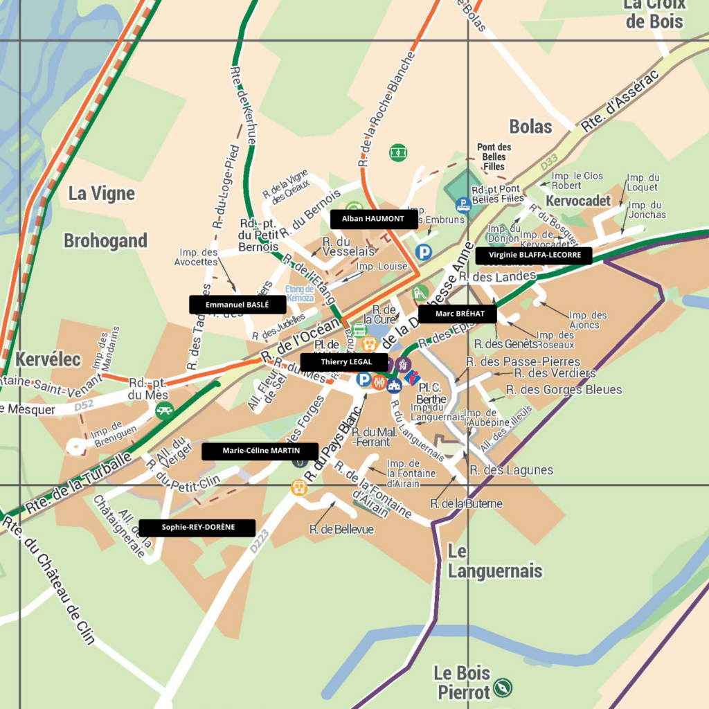 Plan centre-bourg
Emmanuel BASLÉ : rue des Judelles, rue des Pluviers, rue des Tadornes
Virginie BLAFFA-LECORRE : rue du Bosquet, impasse du Donjon, impasse du Loquet
Marc BRÉHAT : rue de la Duchesse Anne, rue des Épis, rue du Maréchal Ferrand

Alban HAUMONT 